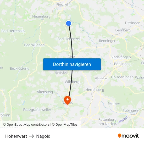 Hohenwart to Nagold map