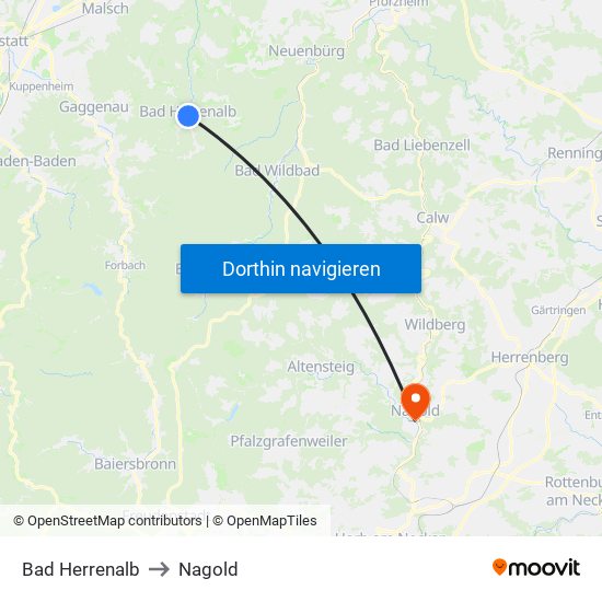 Bad Herrenalb to Nagold map