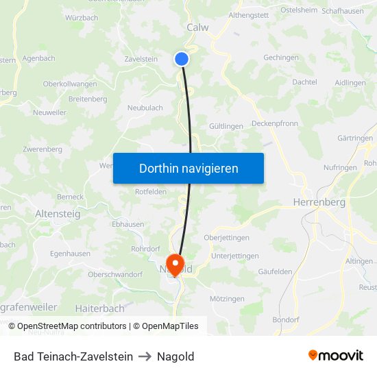 Bad Teinach-Zavelstein to Nagold map