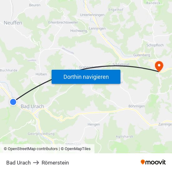 Bad Urach to Römerstein map