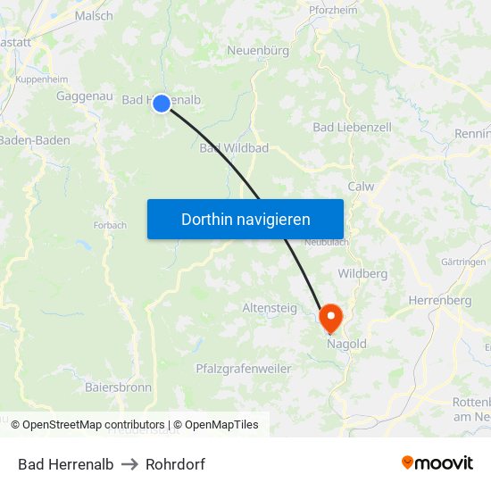 Bad Herrenalb to Rohrdorf map