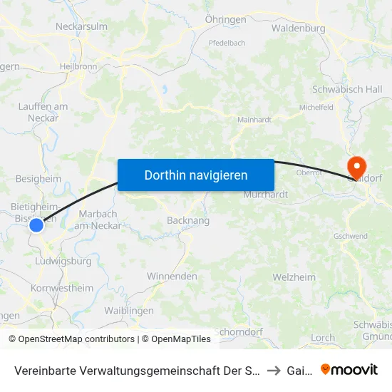 Vereinbarte Verwaltungsgemeinschaft Der Stadt Bietigheim-Bissingen to Gaildorf map