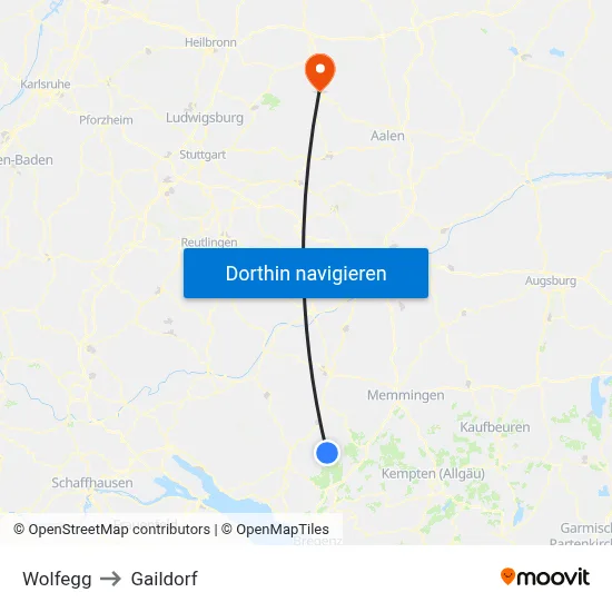 Wolfegg to Gaildorf map