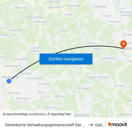 Vereinbarte Verwaltungsgemeinschaft Der Stadt Backnang to Gaildorf map