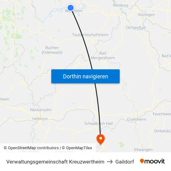 Verwaltungsgemeinschaft Kreuzwertheim to Gaildorf map