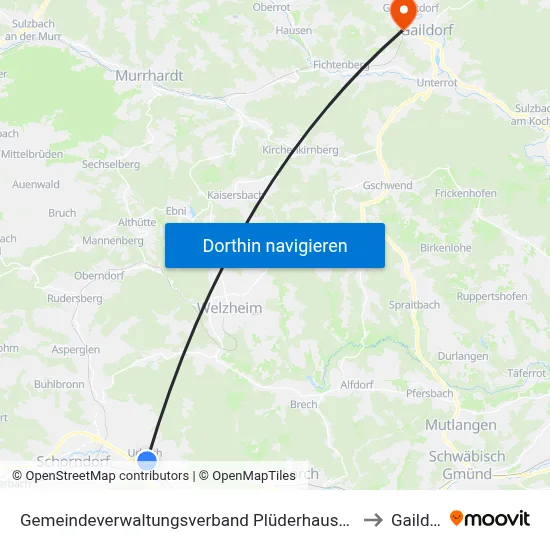 Gemeindeverwaltungsverband Plüderhausen-Urbach to Gaildorf map
