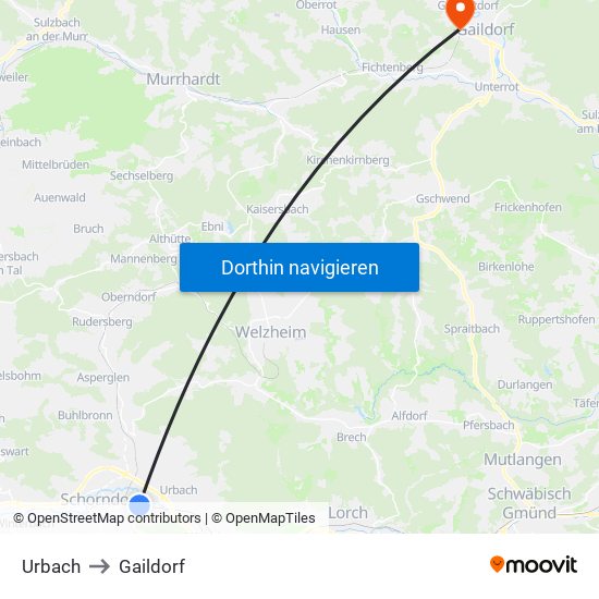 Urbach to Gaildorf map
