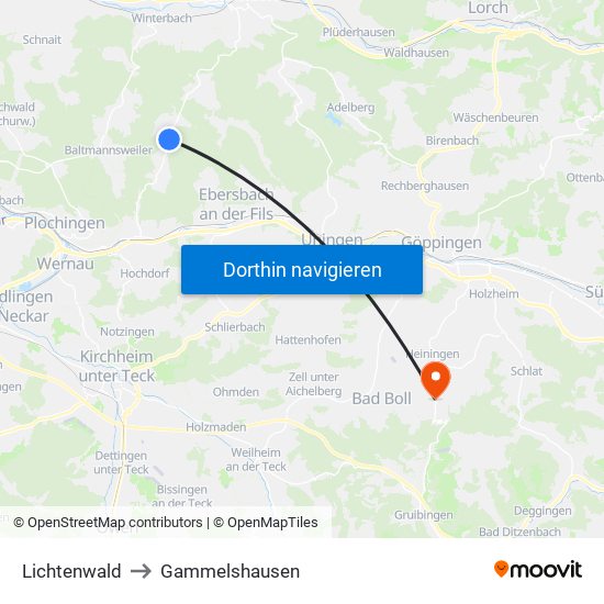Lichtenwald to Gammelshausen map