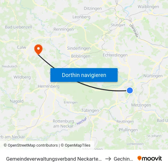 Gemeindeverwaltungsverband Neckartenzlingen to Gechingen map