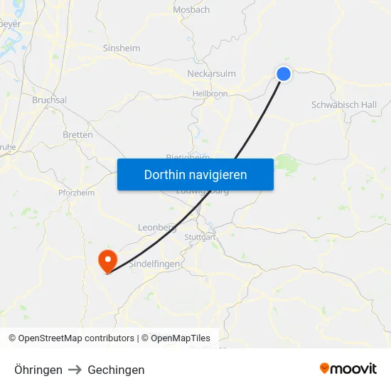 Öhringen to Gechingen map