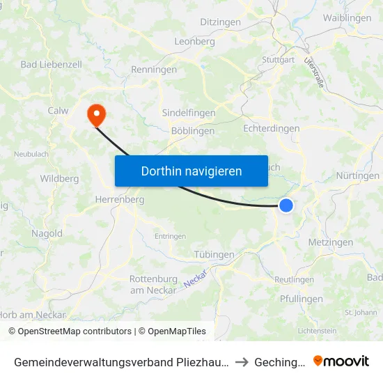 Gemeindeverwaltungsverband Pliezhausen to Gechingen map