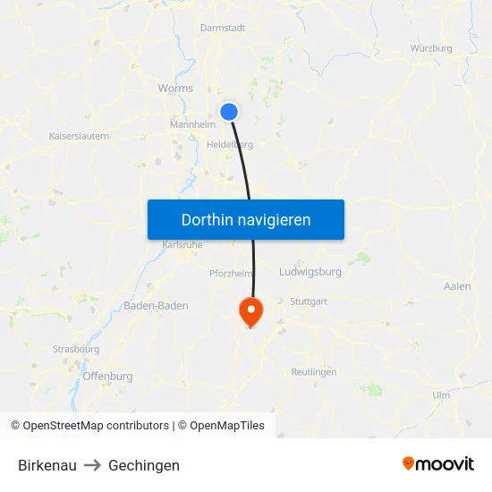 Birkenau to Gechingen map