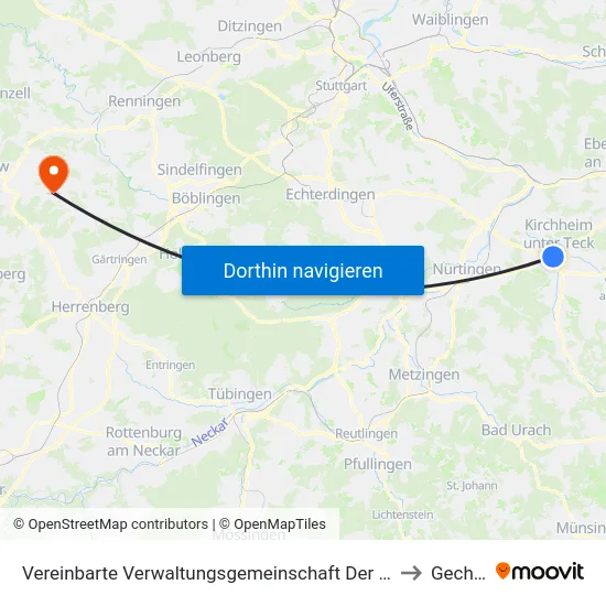 Vereinbarte Verwaltungsgemeinschaft Der Stadt Kirchheim Unter Teck to Gechingen map