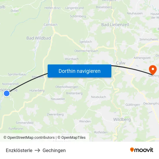 Enzklösterle to Gechingen map