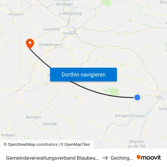 Gemeindeverwaltungsverband Blaubeuren to Gechingen map