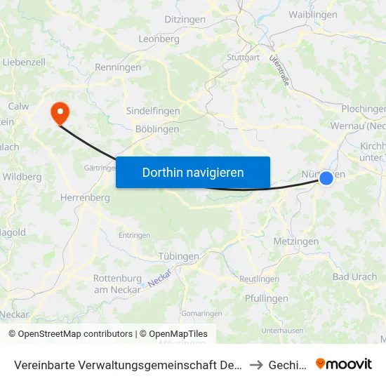 Vereinbarte Verwaltungsgemeinschaft Der Stadt Nürtingen to Gechingen map