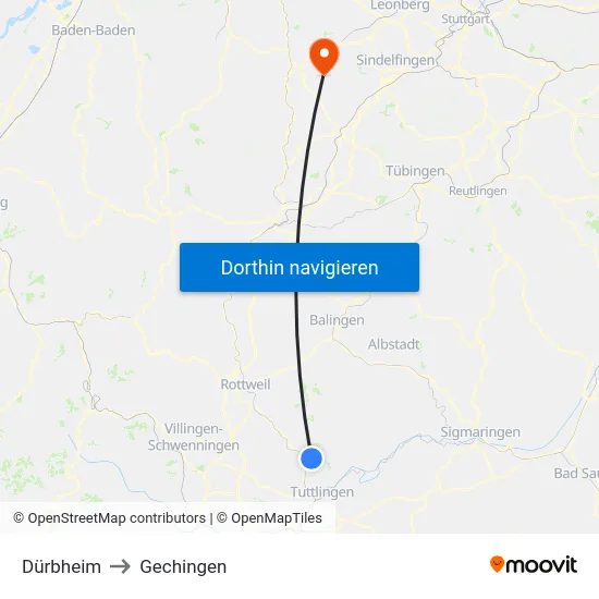 Dürbheim to Gechingen map