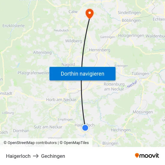 Haigerloch to Gechingen map