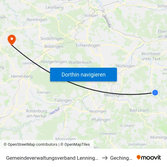 Gemeindeverwaltungsverband Lenningen to Gechingen map