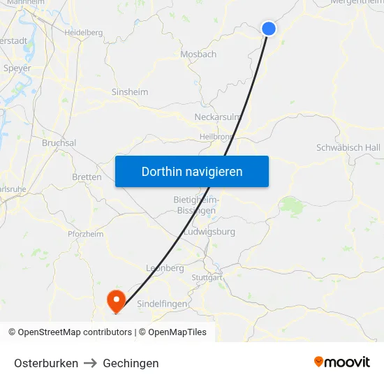 Osterburken to Gechingen map