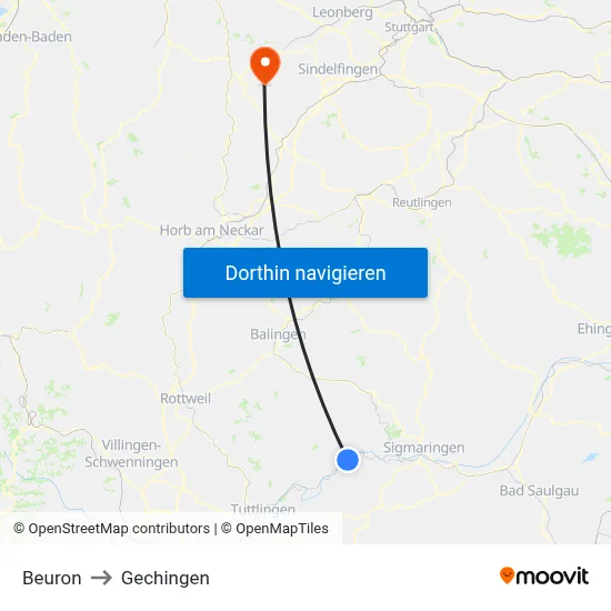 Beuron to Gechingen map