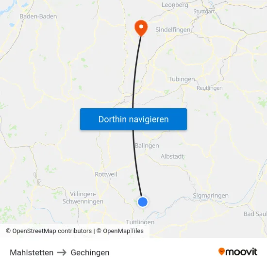 Mahlstetten to Gechingen map