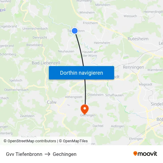 Gvv Tiefenbronn to Gechingen map