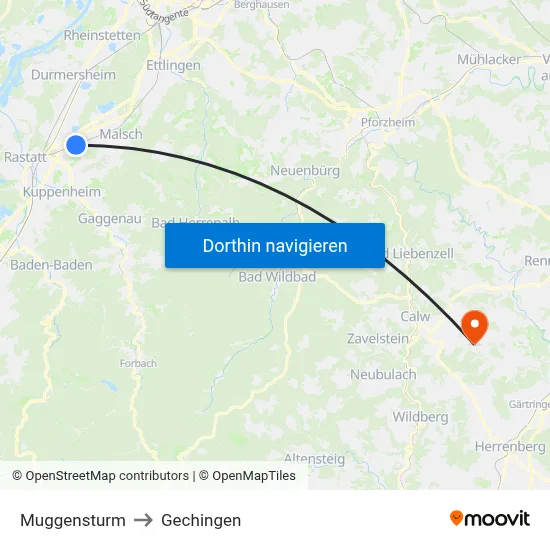 Muggensturm to Gechingen map