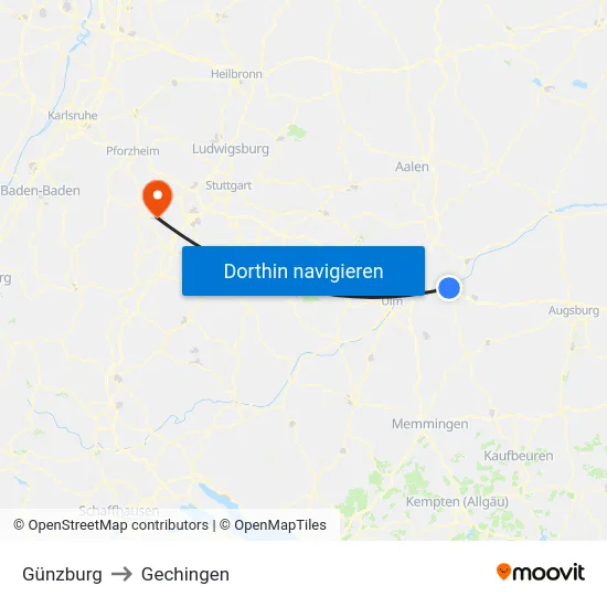 Günzburg to Gechingen map