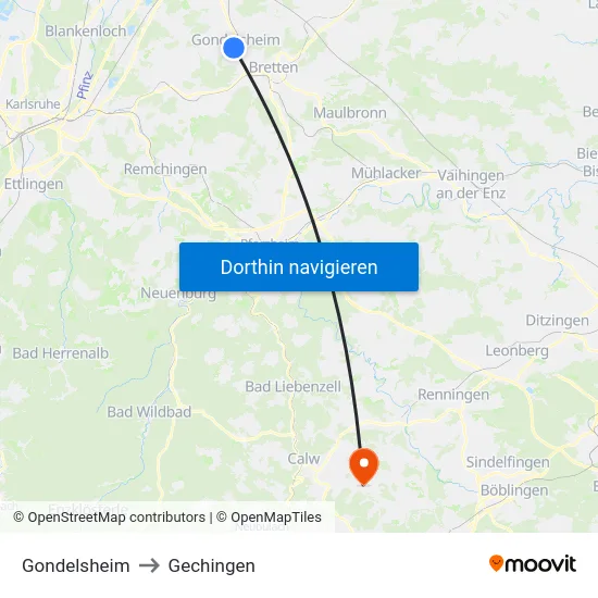 Gondelsheim to Gechingen map