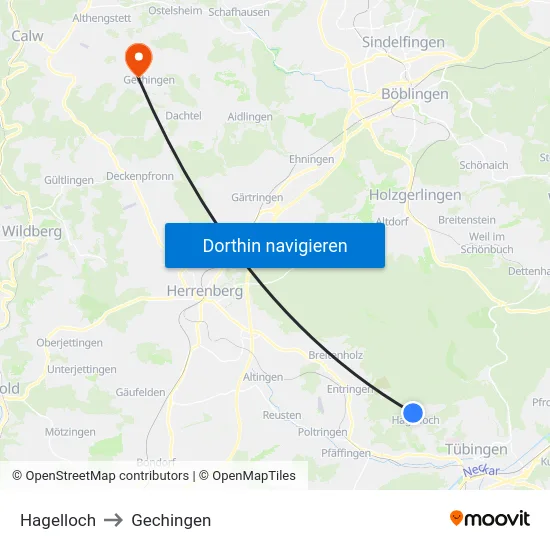 Hagelloch to Gechingen map