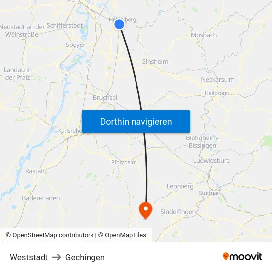 Weststadt to Gechingen map