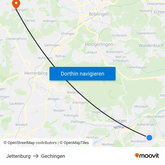 Jettenburg to Gechingen map