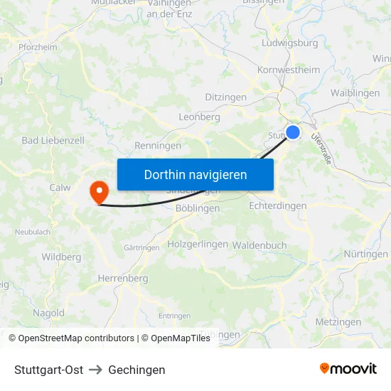 Stuttgart-Ost to Gechingen map