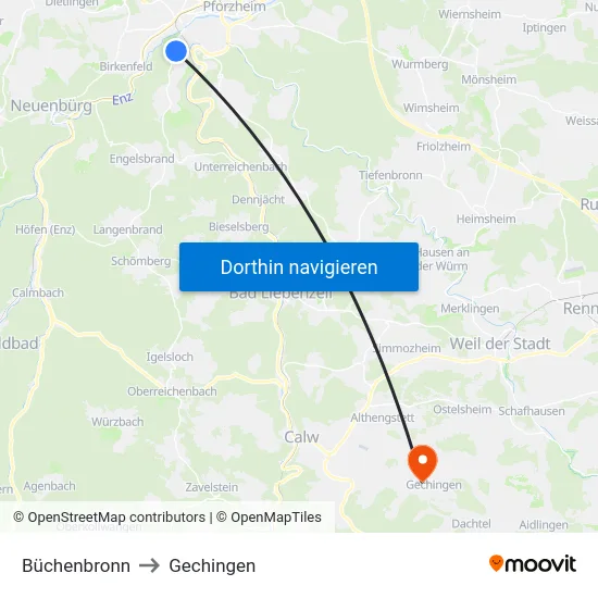 Büchenbronn to Gechingen map