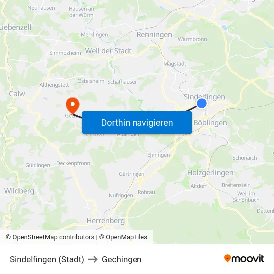 Sindelfingen (Stadt) to Gechingen map