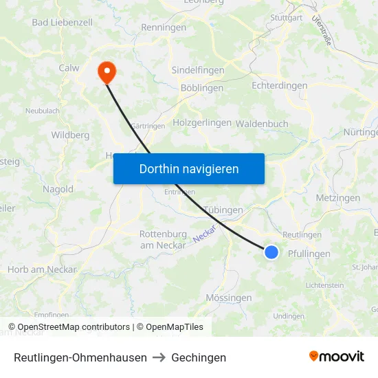 Reutlingen-Ohmenhausen to Gechingen map