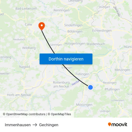 Immenhausen to Gechingen map