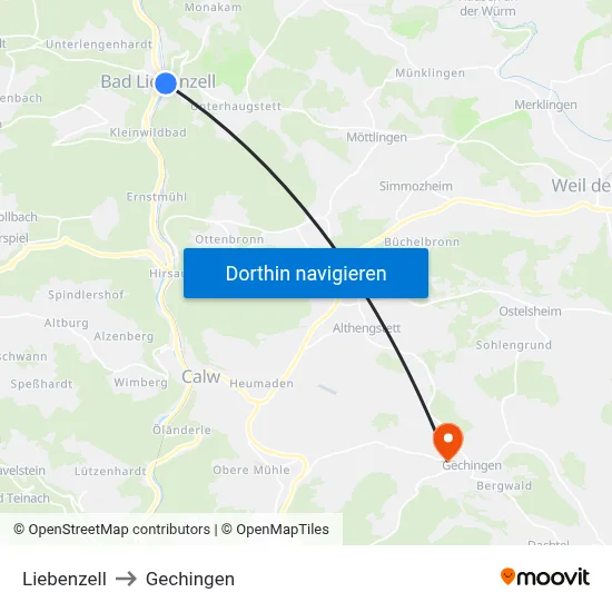 Liebenzell to Gechingen map