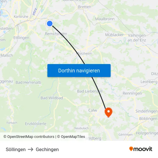 Söllingen to Gechingen map