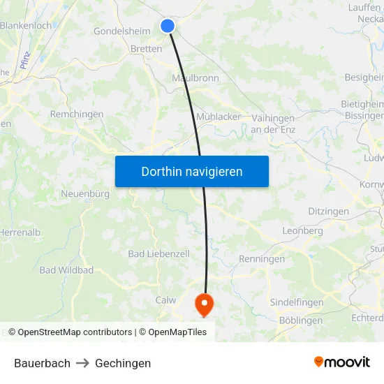 Bauerbach to Gechingen map