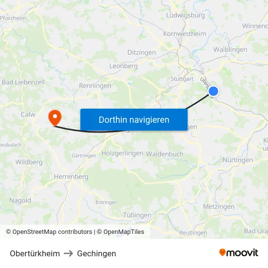 Obertürkheim to Gechingen map