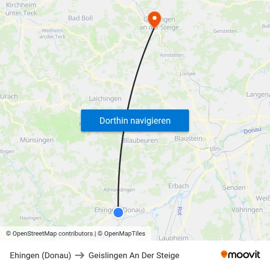 Ehingen (Donau) to Geislingen An Der Steige map