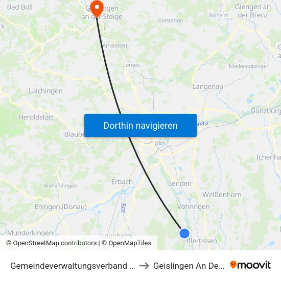 Gemeindeverwaltungsverband Dietenheim to Geislingen An Der Steige map