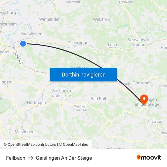 Fellbach to Geislingen An Der Steige map