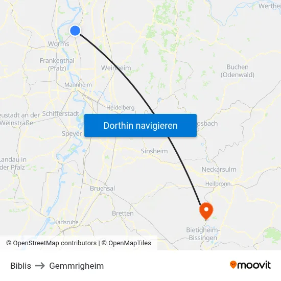 Biblis to Gemmrigheim map