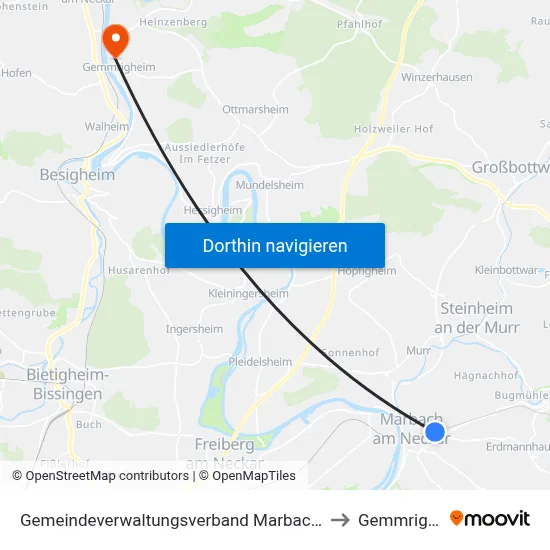 Gemeindeverwaltungsverband Marbach am Neckar to Gemmrigheim map