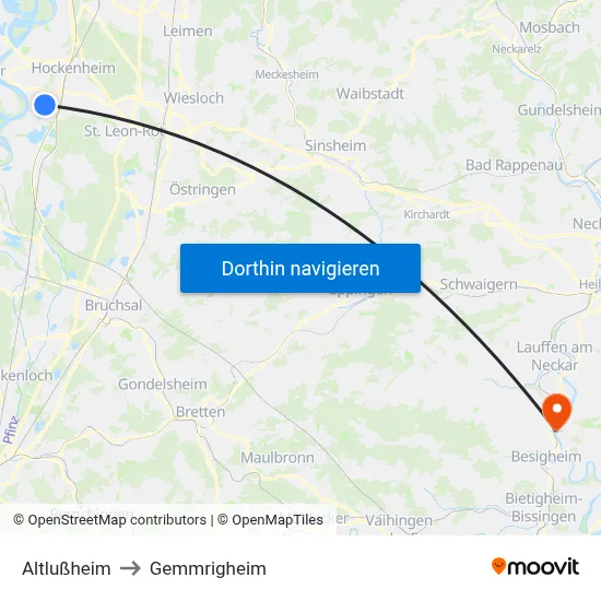 Altlußheim to Gemmrigheim map