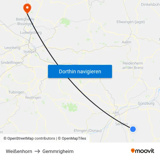 Weißenhorn to Gemmrigheim map
