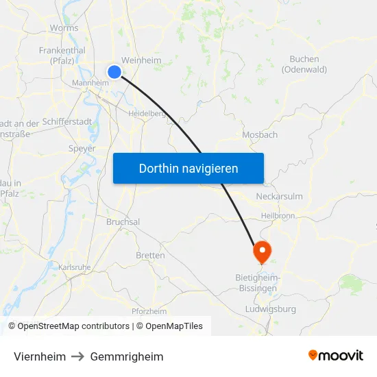 Viernheim to Gemmrigheim map